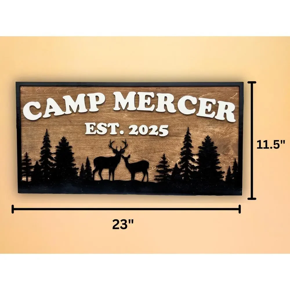 Custom Camp Sign Deer & Trees Personalized Cabin Lake House River Hunting Decor